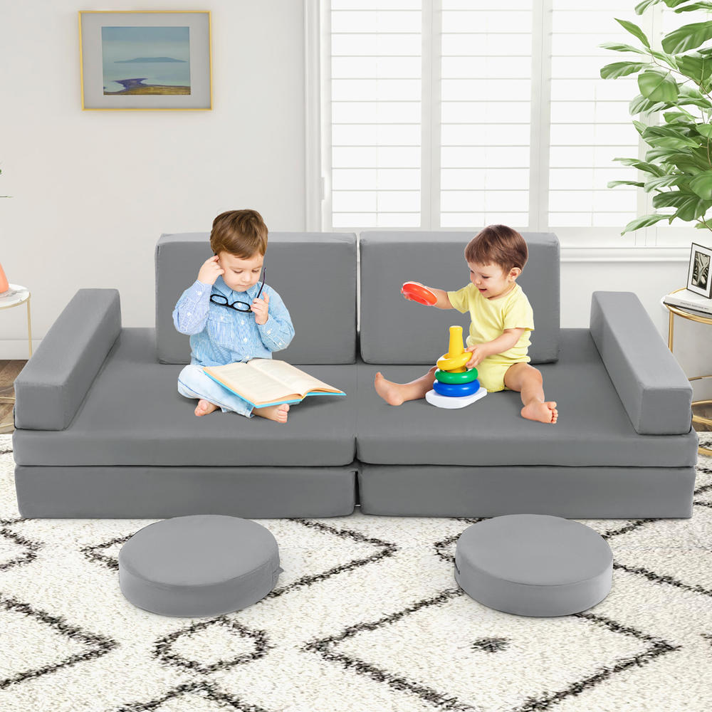 Costway 10 PCS Kids Play Sofa Set Modular Convertible Foam Folding Couch Toddler Playset Grey