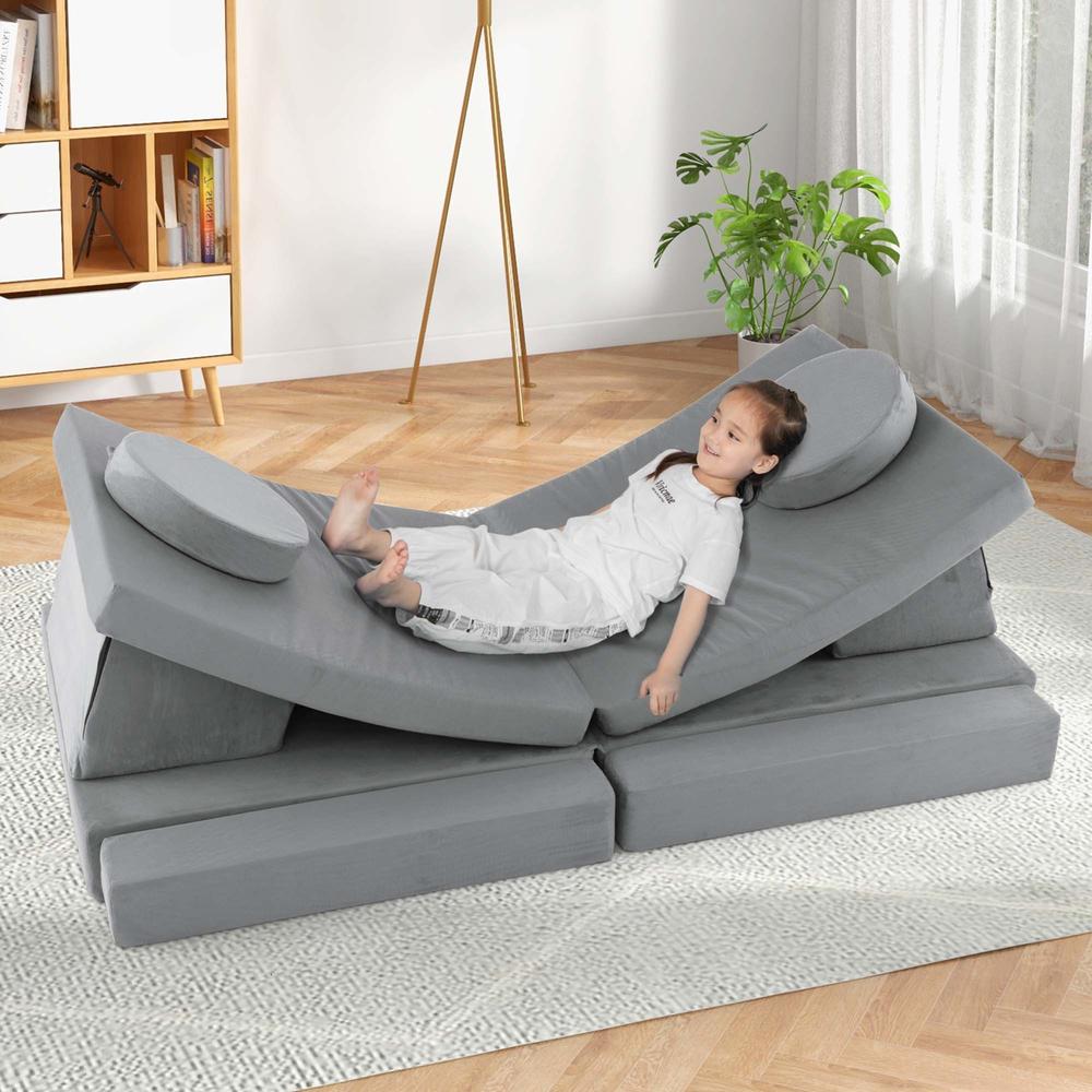 Costway 10 PCS Kids Play Sofa Set Modular Convertible Foam Folding Couch Toddler Playset Grey