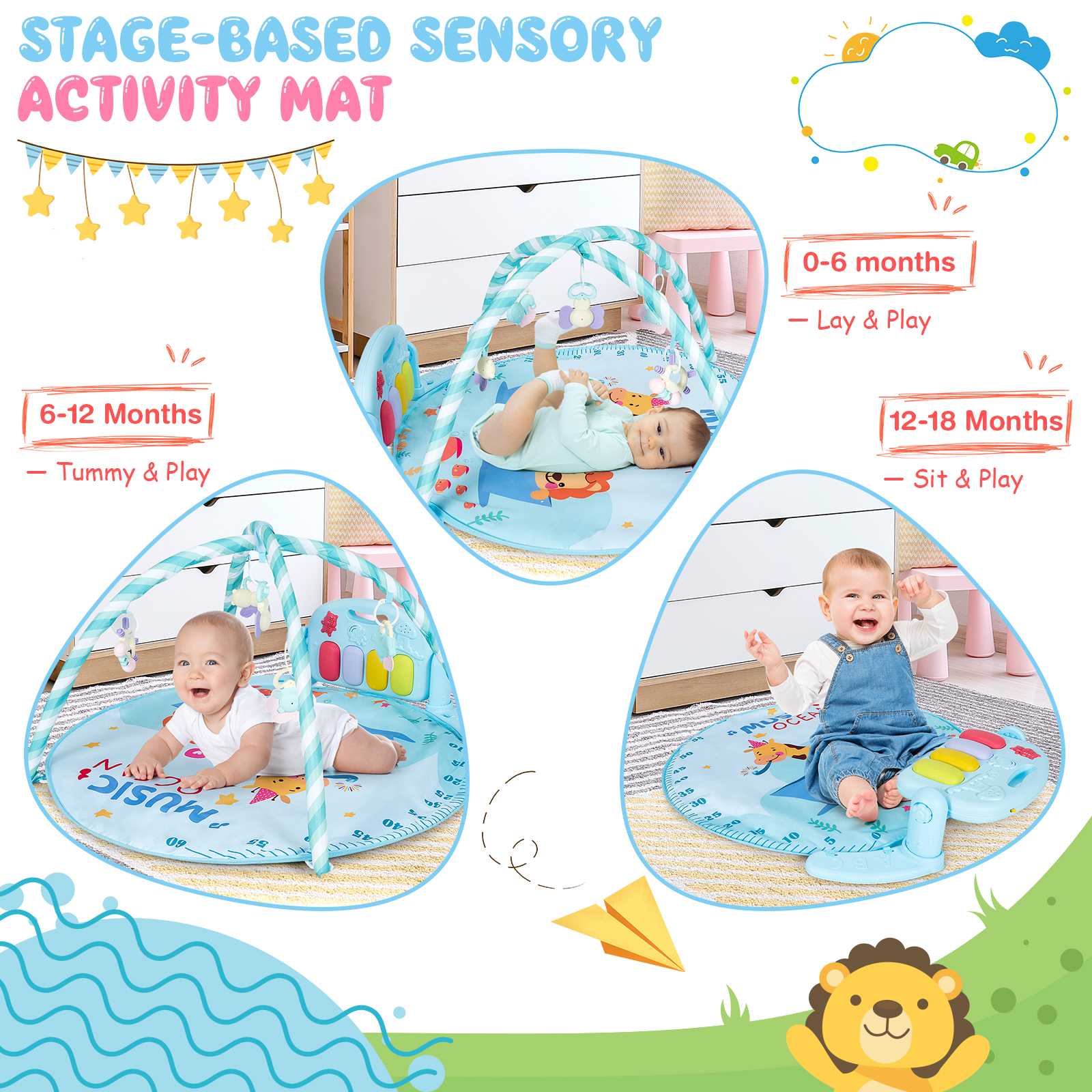 Costway Baby Gym Baby Play Mat Piano Gym w/ 5 Hanging Sensory Toys Blue