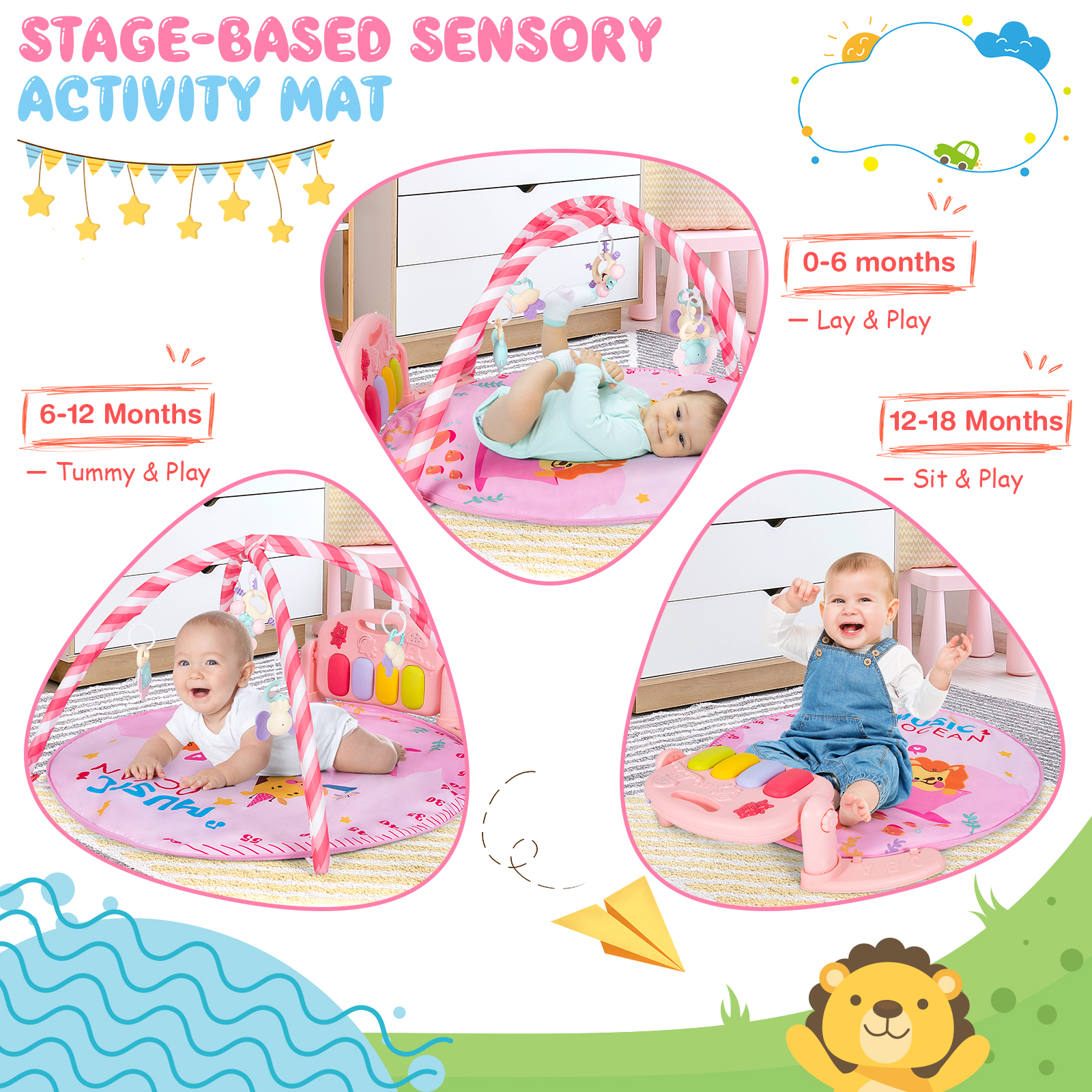 Costway Baby Gym Baby Play Mat Piano Gym w/ 5 Hanging Sensory Toys Pink