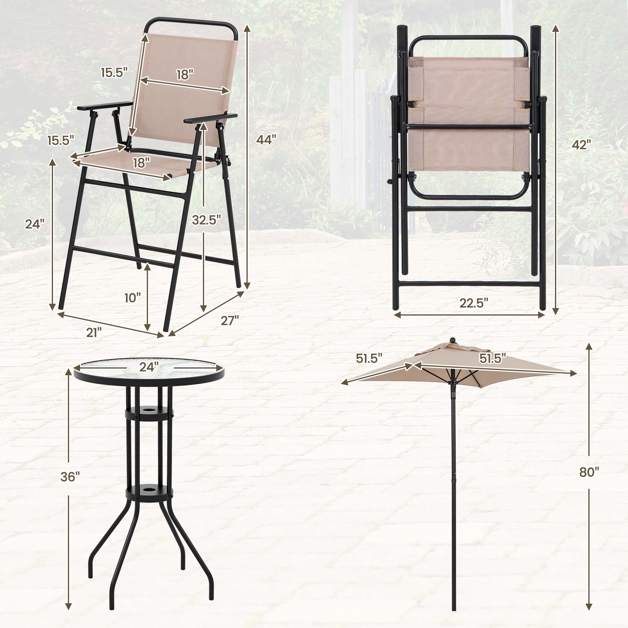 Costway 4PCS Patio Bistro Set Folding Counter Height Chairs Round Bar Table& Umbrella