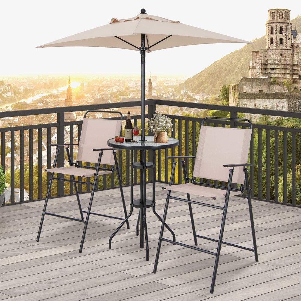 Costway 4PCS Patio Bistro Set Folding Counter Height Chairs Round Bar Table& Umbrella