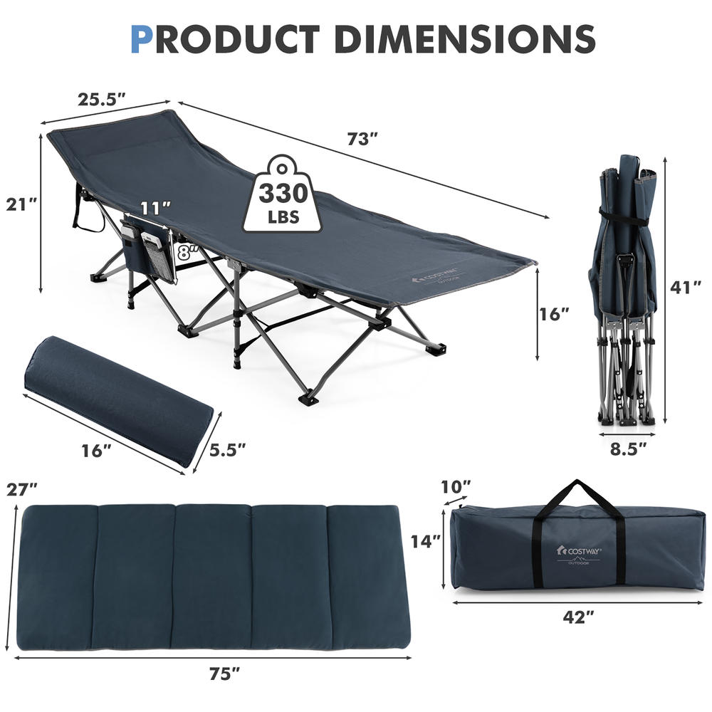 Costway Folding Retractable Travel Camping Cot w/Removable Mattress & Carry Bag Grey\Blue