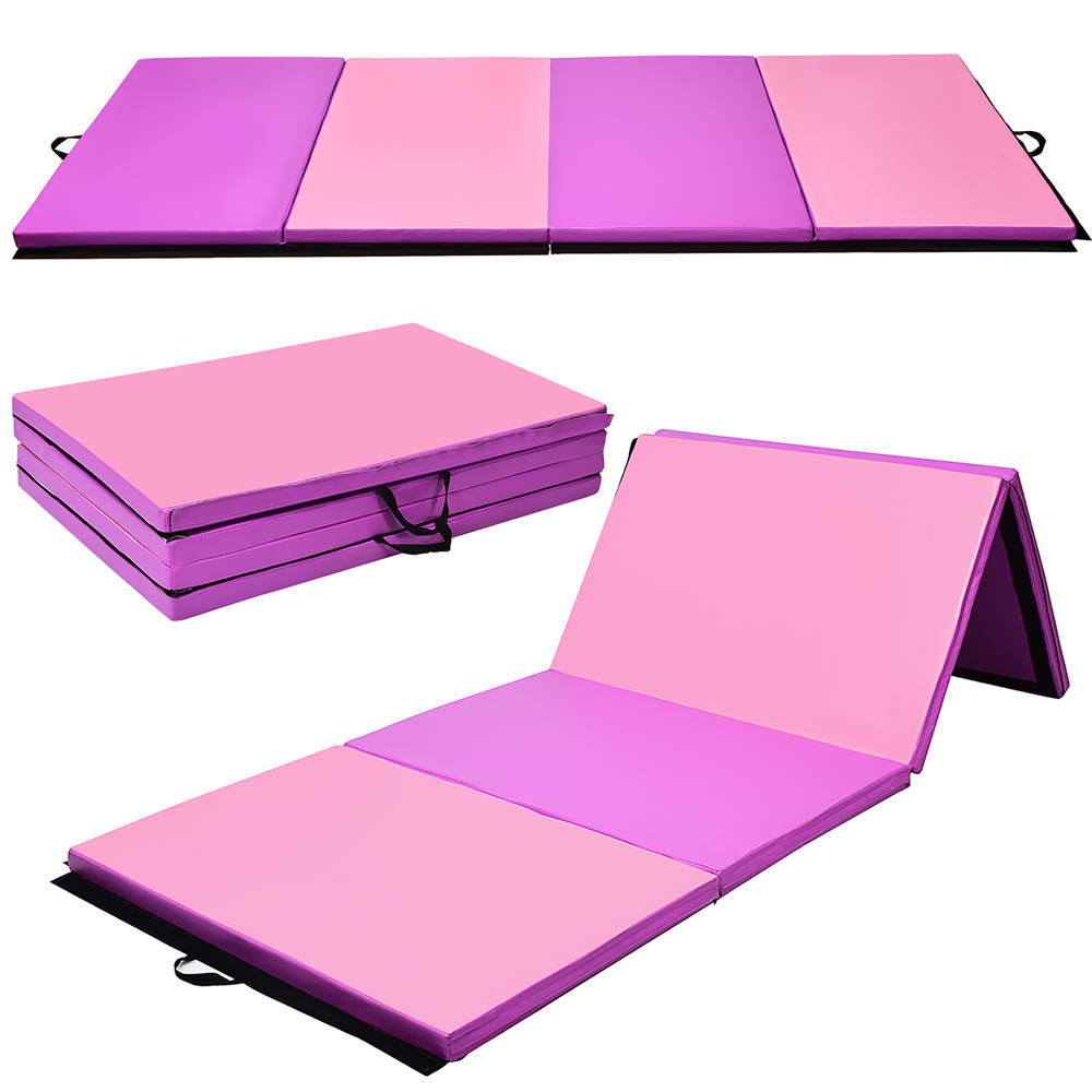 Costway 4'x 10'x 2''Folding Gymnastics Tumbling Mat Indoor Outdoor Gym Stretching Yoga Black\ Blue\Multicolor\Purple+Pink