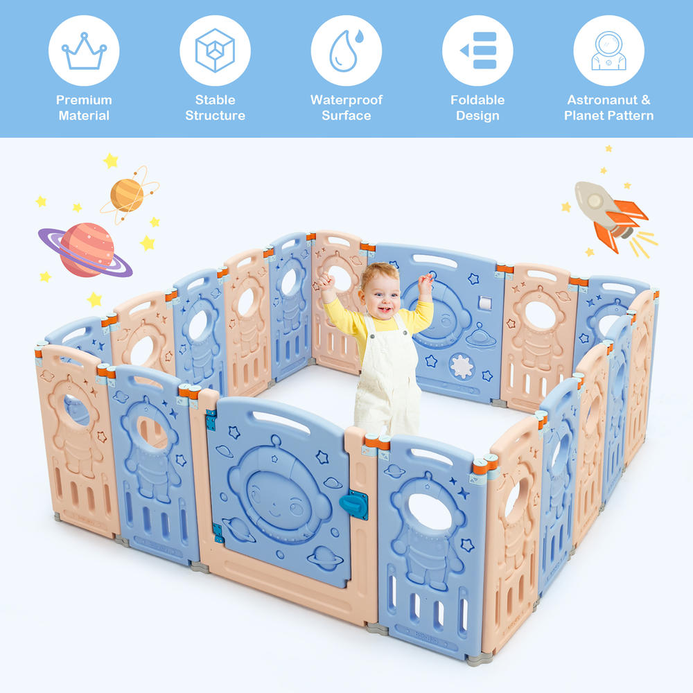 Costway Babyjoy 18-Panel Foldable Baby Playpen Kids Activity Center w/ Lockable Door Blue