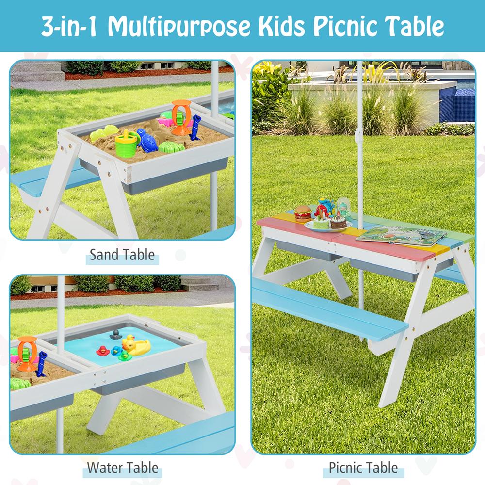 Costway 3-in-1 Kids Picnic Table Wooden Outdoor Sand & Water Table withUmbrella Play Boxes