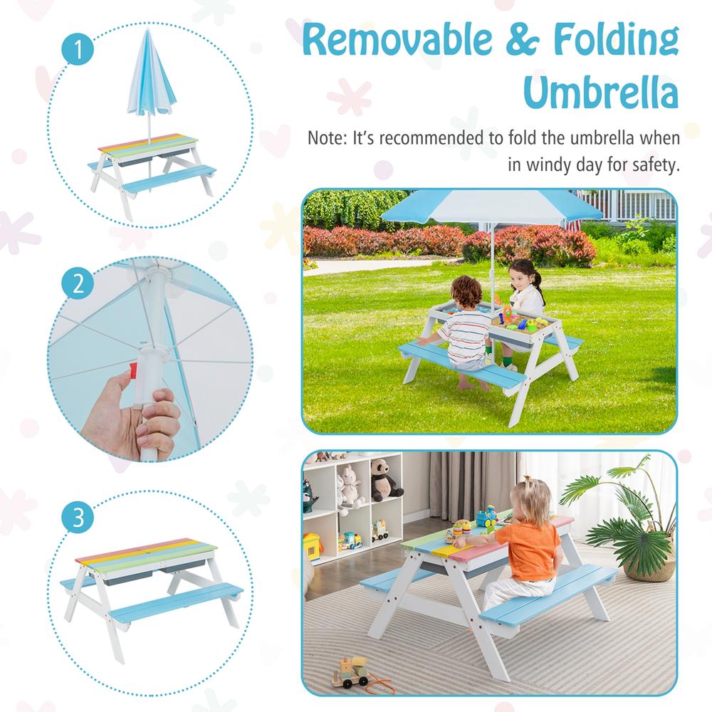 Costway 3-in-1 Kids Picnic Table Wooden Outdoor Sand & Water Table withUmbrella Play Boxes