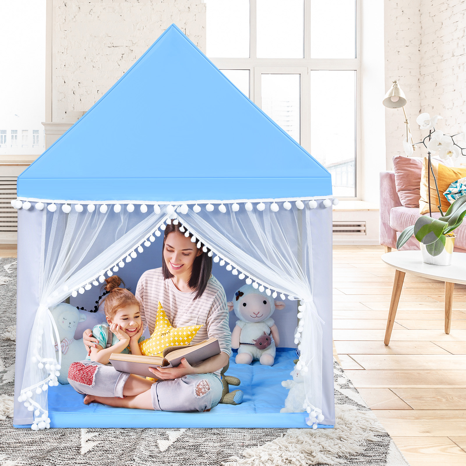 Costway Kids Play Tent Large Playhouse Children Play Castle Fairy Tent Gift w/ Mat Pink\Blue