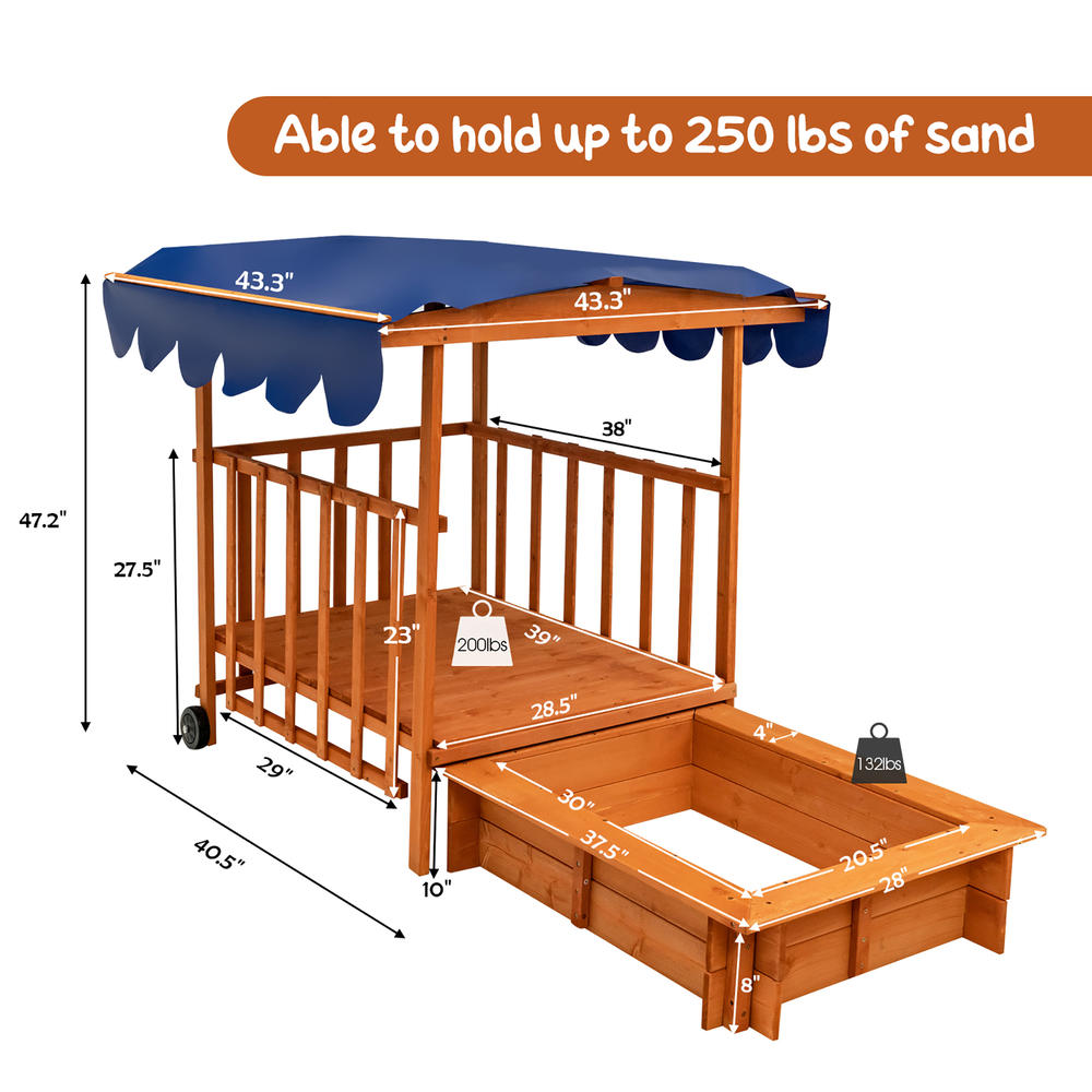 Costway Wooden Retractable Sandbox  with Cover & Built-in Wheels Kids Outdoor Playhouse