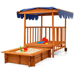 Costway Wooden Retractable Sandbox  with Cover & Built-in Wheels Kids Outdoor Playhouse