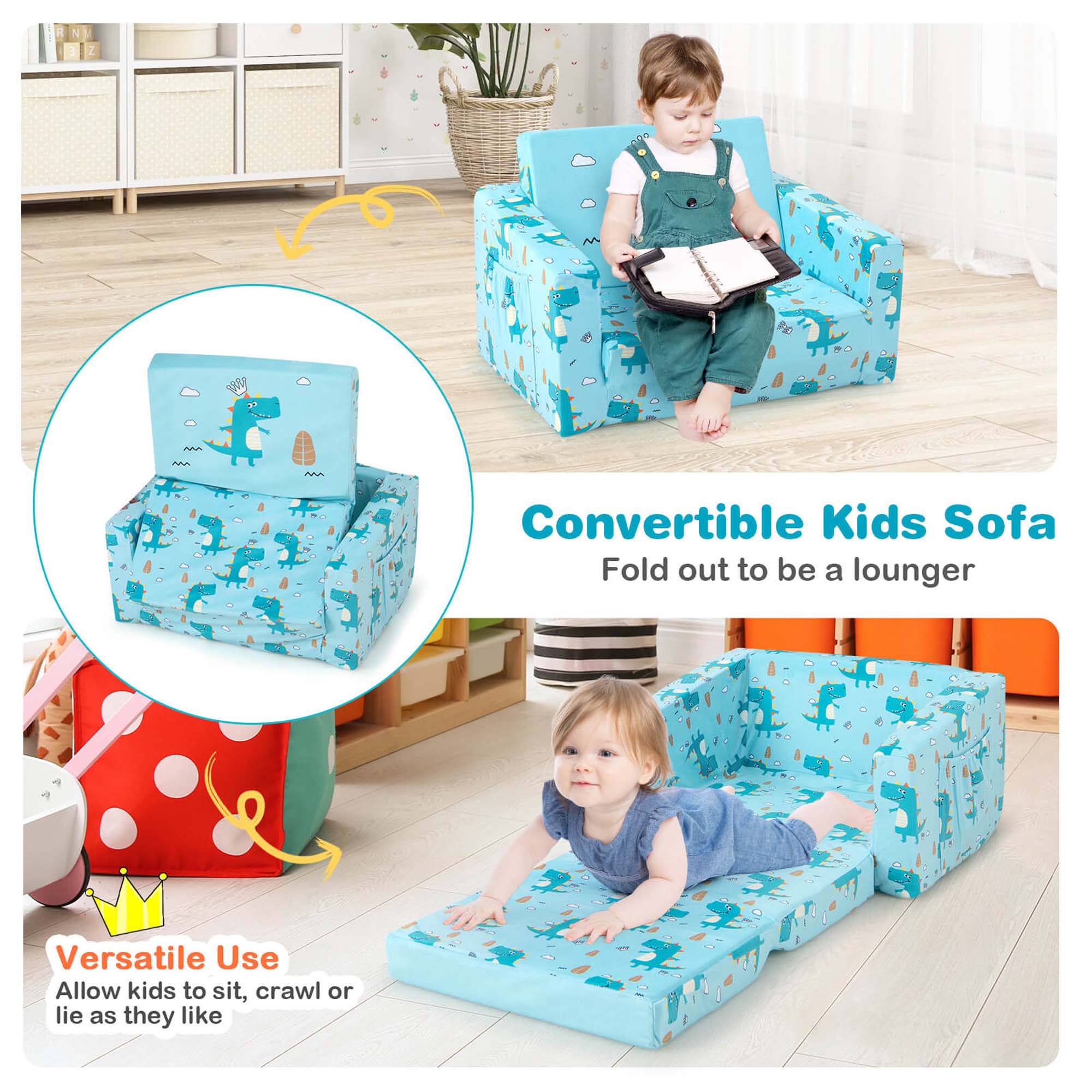 Costway 2-in-1 Convertible Kids Sofa Children Flip-Out Lounger Couch Upholstered Sleeper