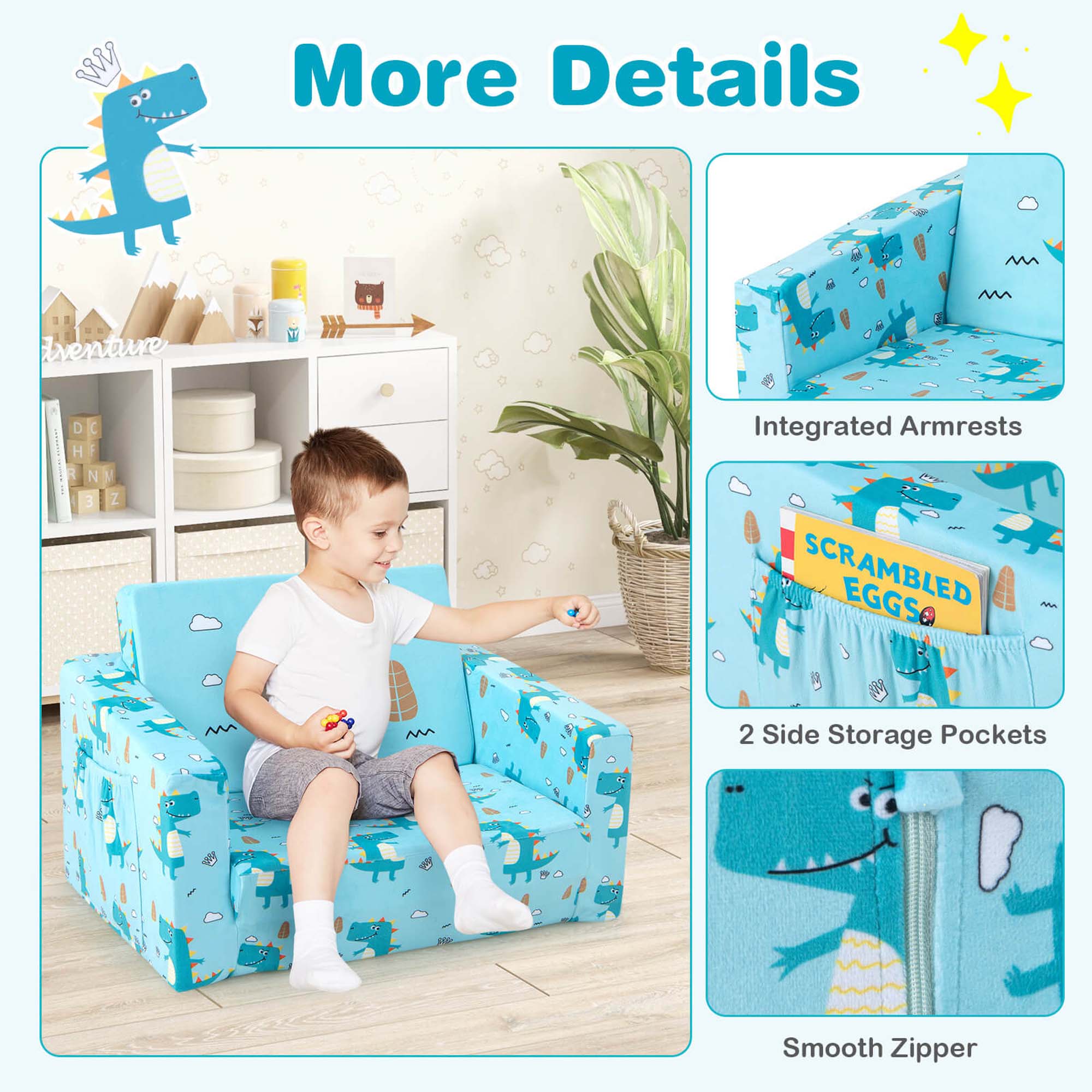 Costway 2-in-1 Convertible Kids Sofa Children Flip-Out Lounger Couch Upholstered Sleeper
