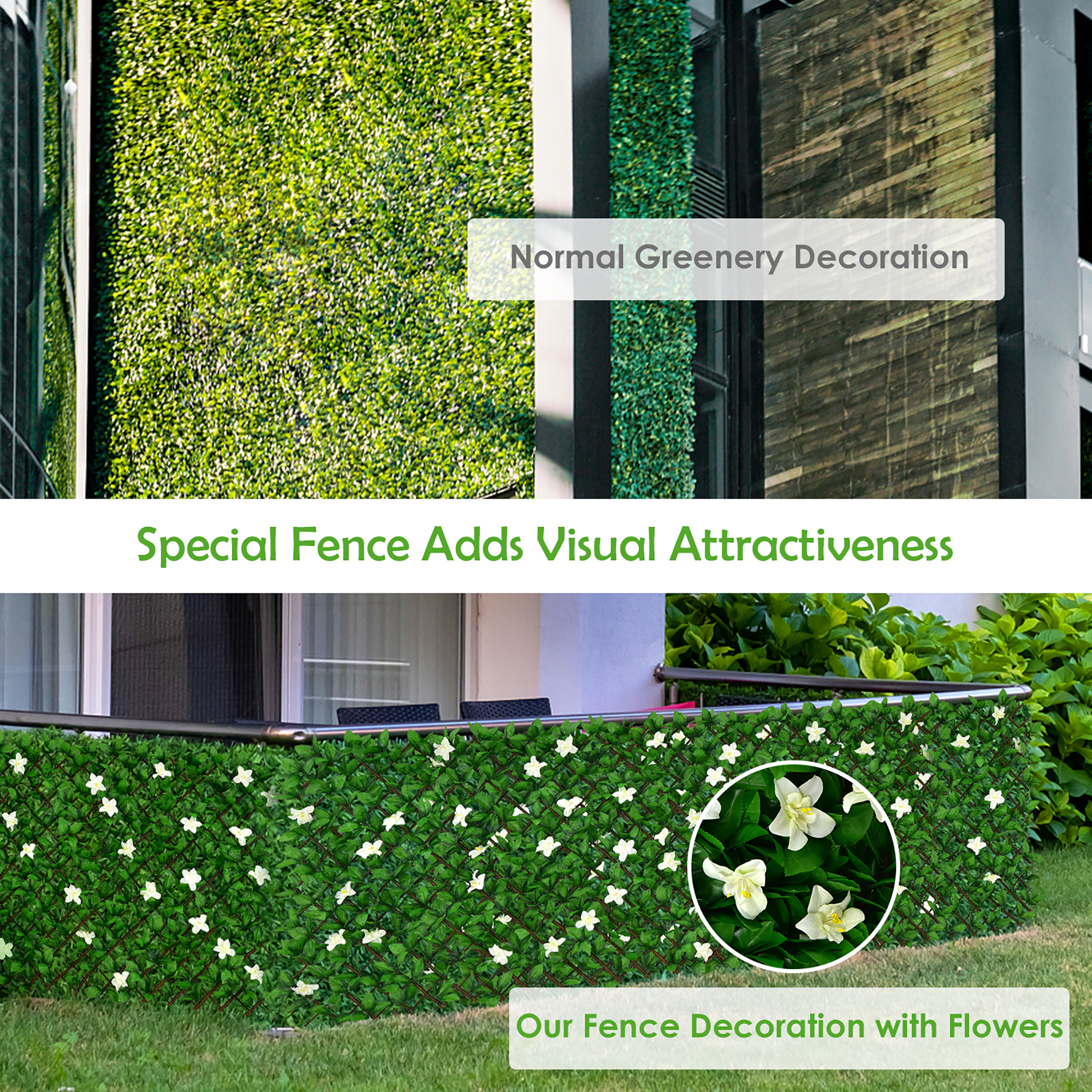 Costway Expandable Fence Privacy Screen Faux  Ivy Panel w/White Flower 1 PACK
