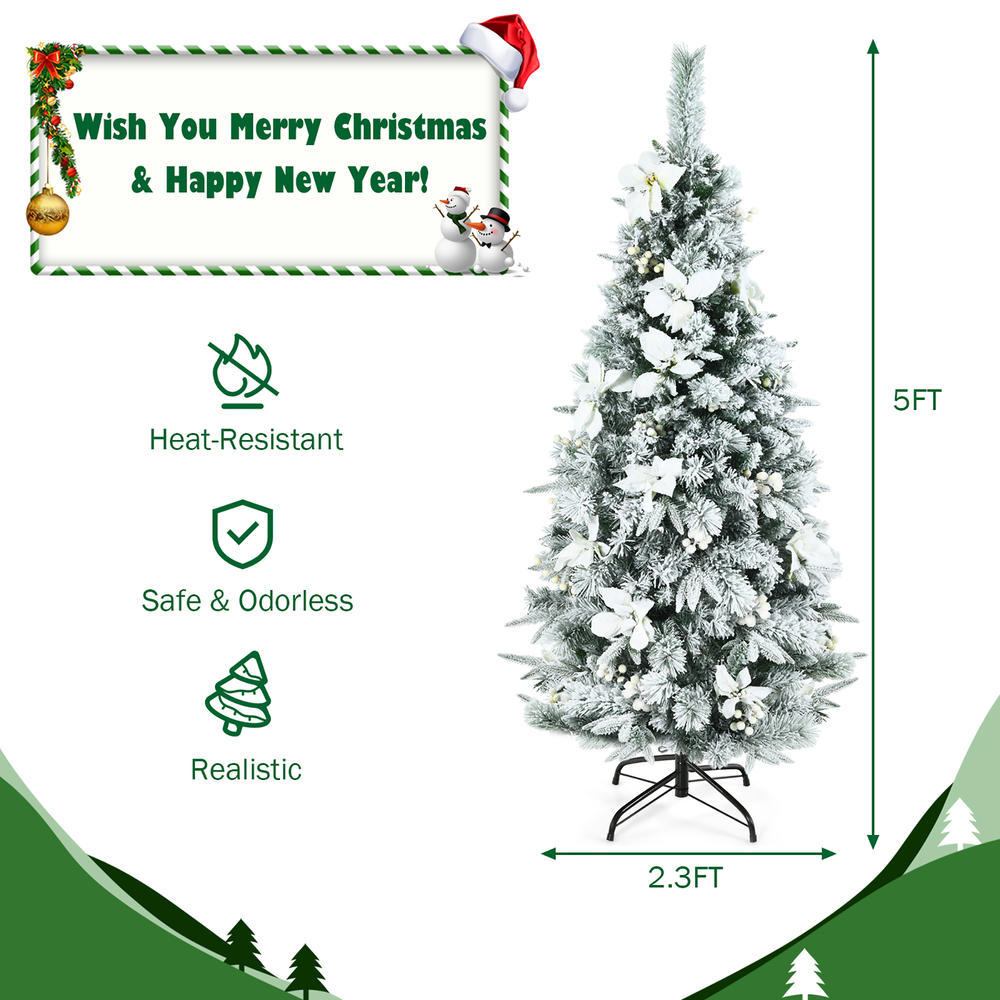 Costway 5ft/6ft/7ft/8ft Snow Flocked Christmas Pencil Tree w/ Berries & Poinsettia Flowers