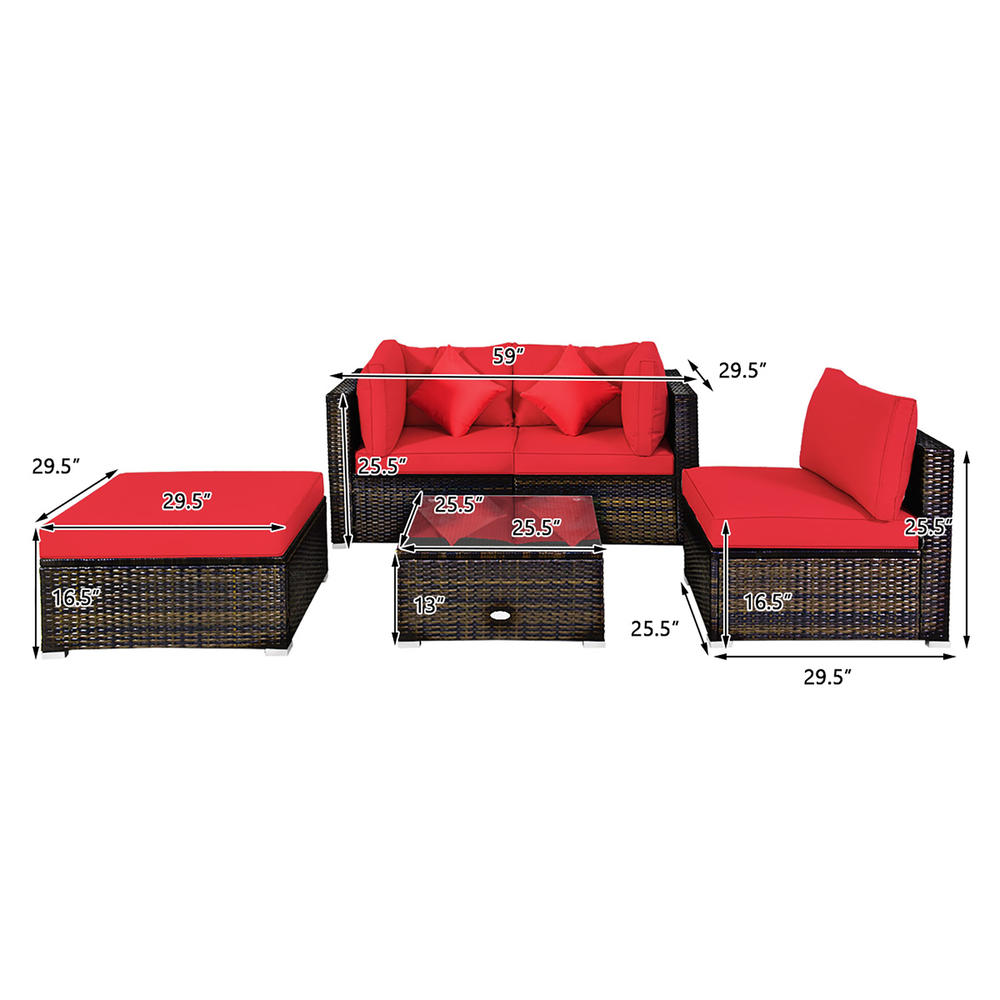 Costway 5PCS Outdoor Patio Furniture Set Sectional Conversation W/Red Cushions