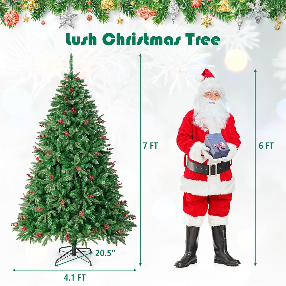 Costway 7 FT Pre-Lit Christmas Tree Hinged with 390 Multi-Color LED Lights & Red Berries