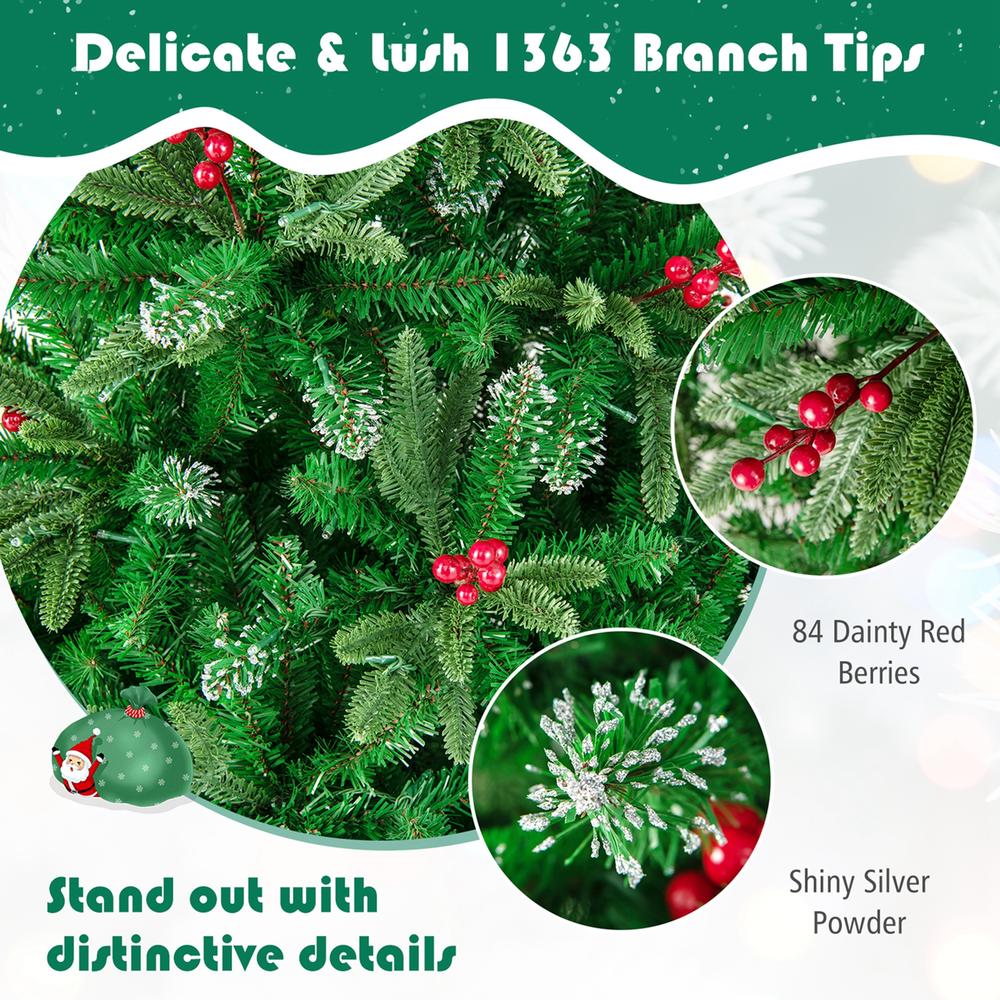 Costway 7 FT Pre-Lit Christmas Tree Hinged with 390 Multi-Color LED Lights & Red Berries