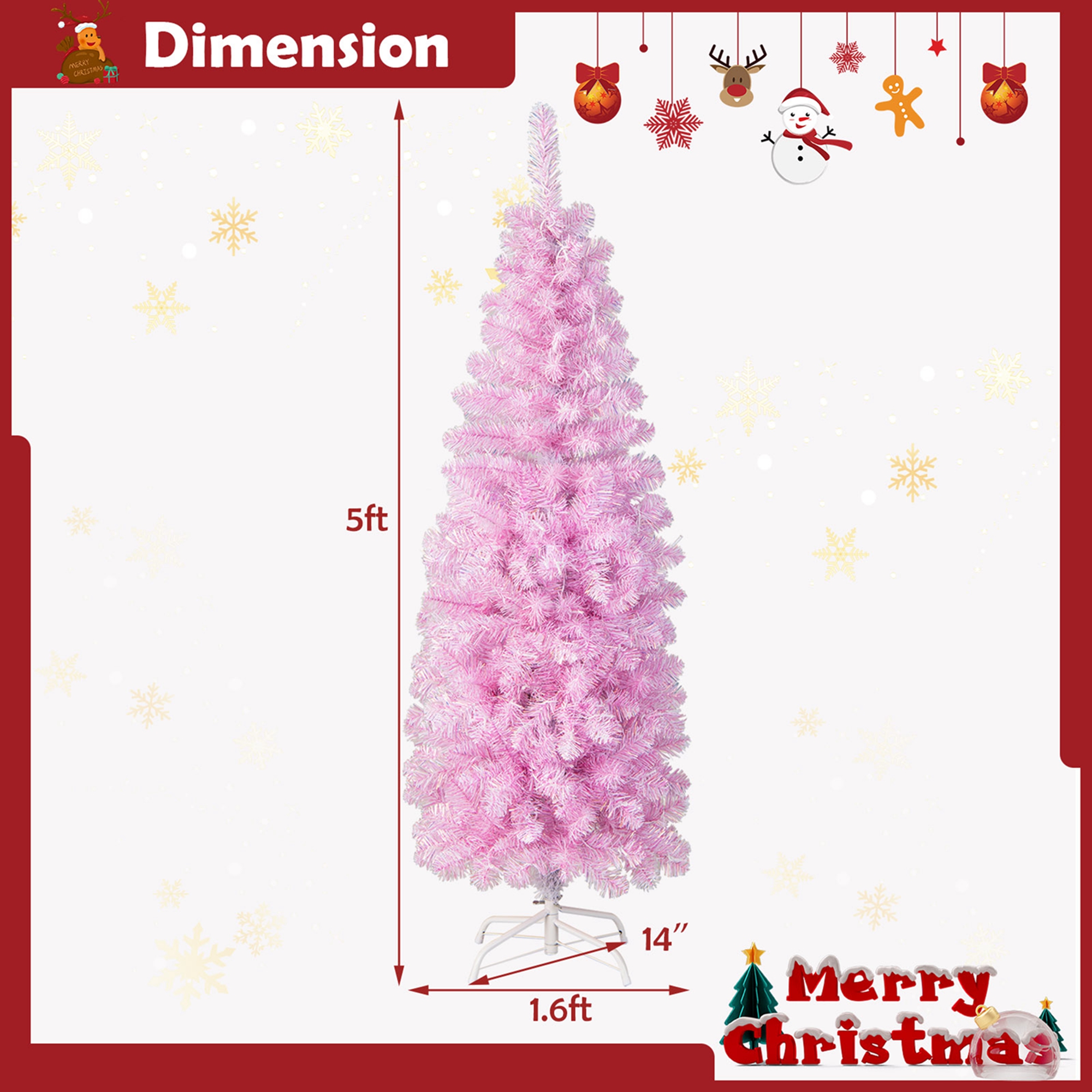 Costway 5 FT/6FT/7FT Pre-lit Christmas Tree Hinged Pencil Xmas Decoration with 190/250/350 LED Lights Pink