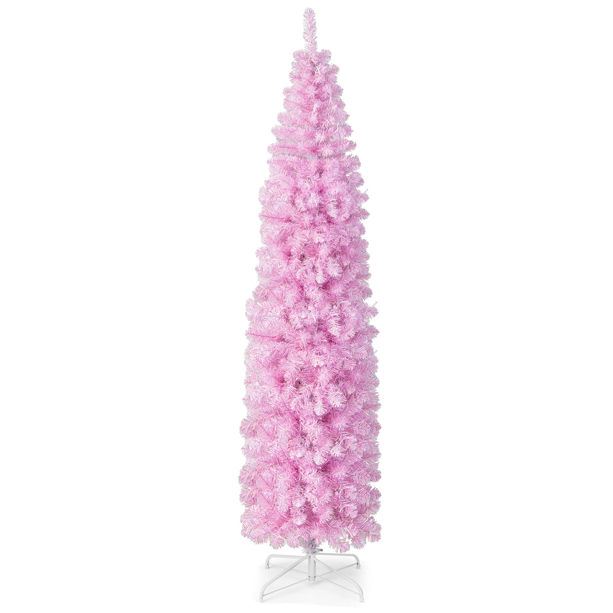 Costway 5 FT/6FT/7FT Pre-lit Christmas Tree Hinged Pencil Xmas Decoration with 190/250/350 LED Lights Pink