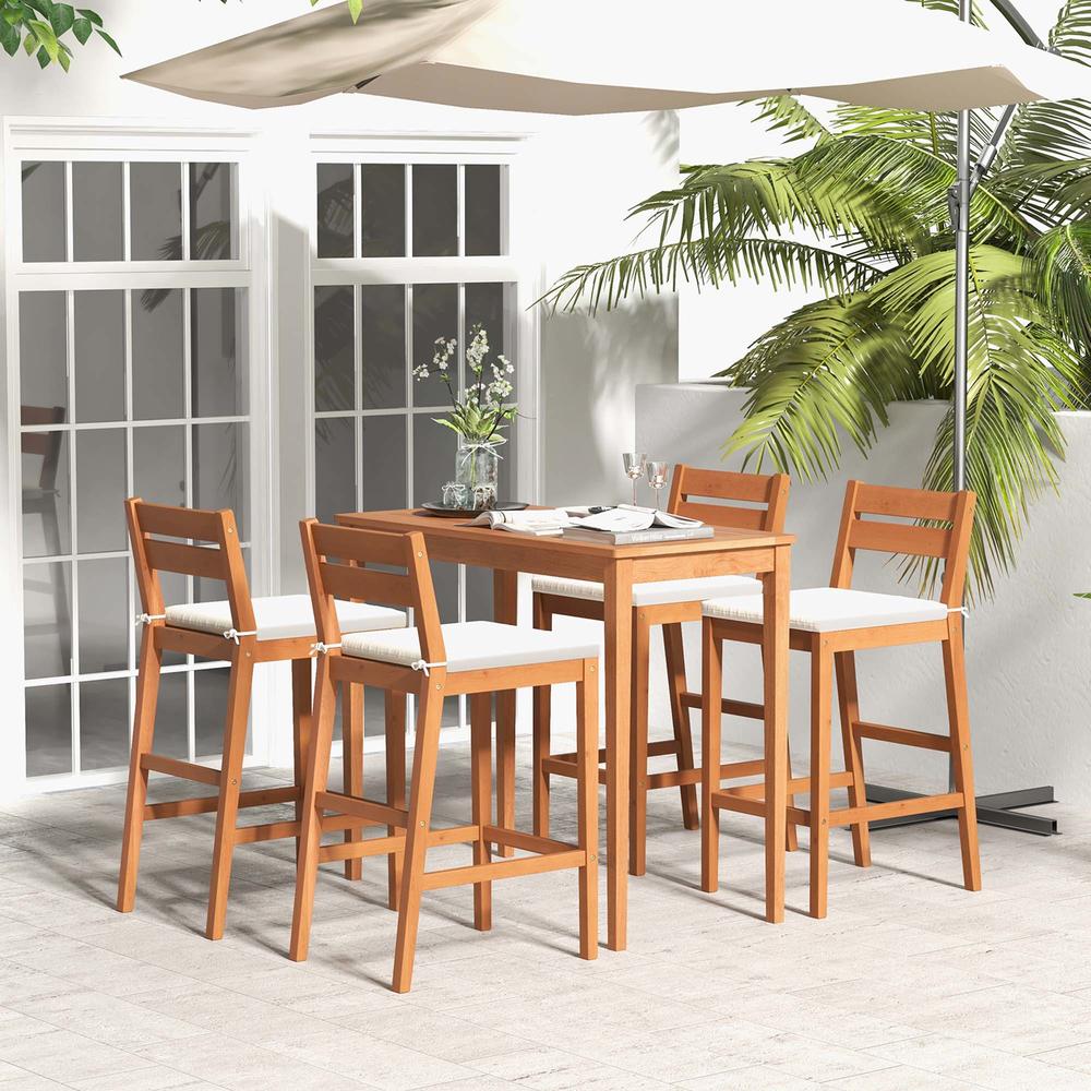 Costway 5 PCS Patio Eucalyptus Wood Bar Set Bar Height Dining Table & 4 Cushioned Chairs