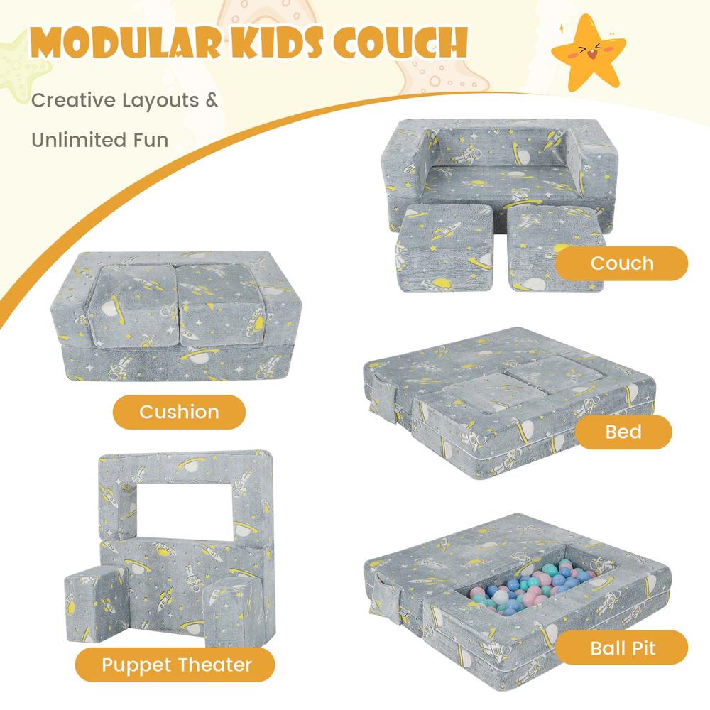 Costway Kids Couch Toddler Convertible Glow Play Sofa with Ottomans Cover & Side Pockets