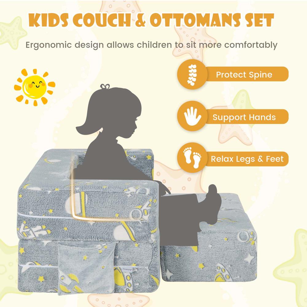 Costway Kids Couch Toddler Convertible Glow Play Sofa with Ottomans Cover & Side Pockets