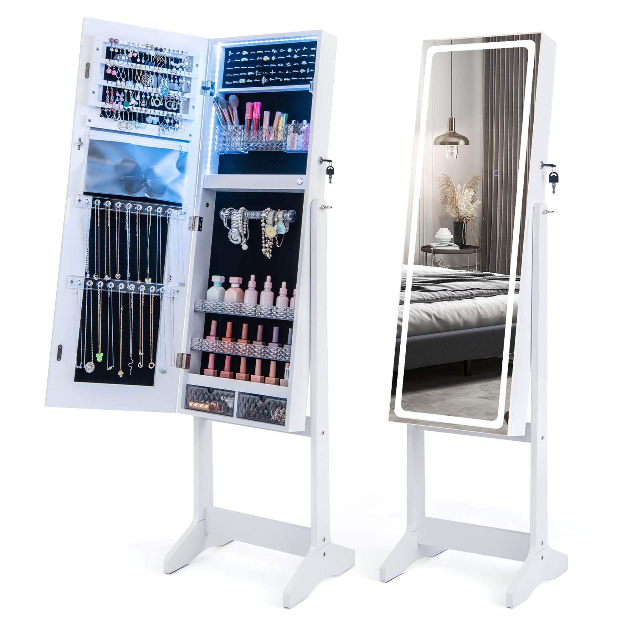 Costway LED Mirror Jewelry Cabinet Organizer Armoire Standing with Built-in 3 Color Light