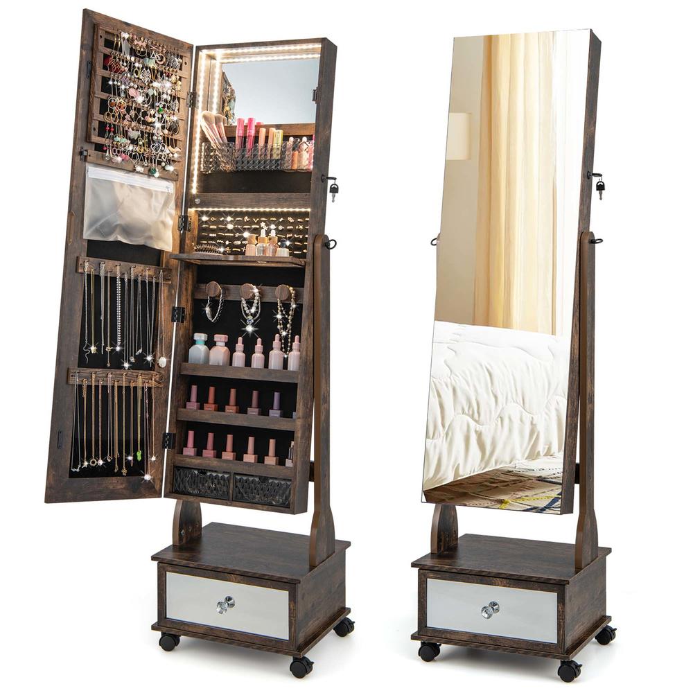 Costway Jewelry Cabinet Armoire Full-Length Mirror Lockable with 3-Color LED Lights Brown/Coffee/White
