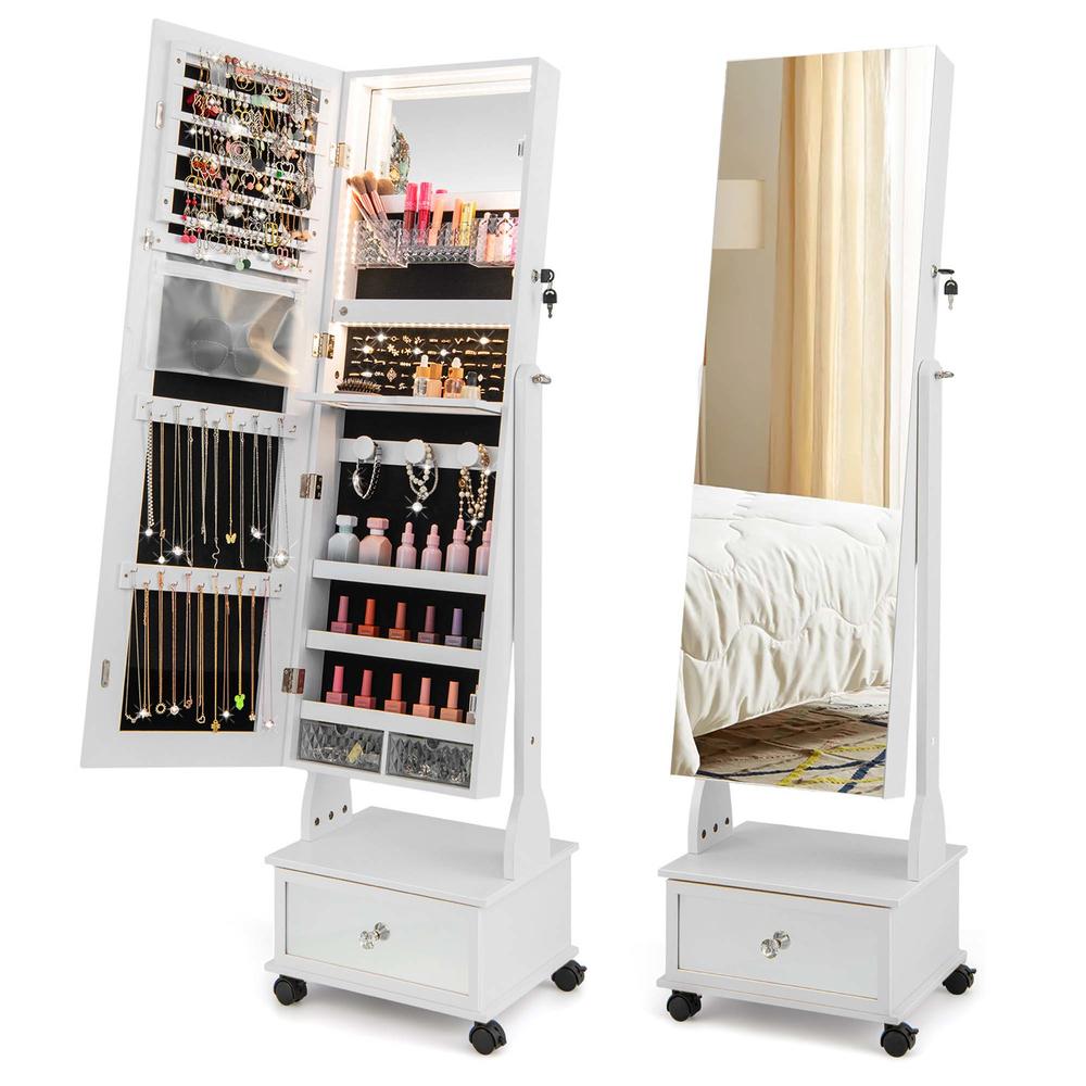 Costway Jewelry Cabinet Armoire Full-Length Mirror Lockable with 3-Color LED Lights Brown/Coffee/White