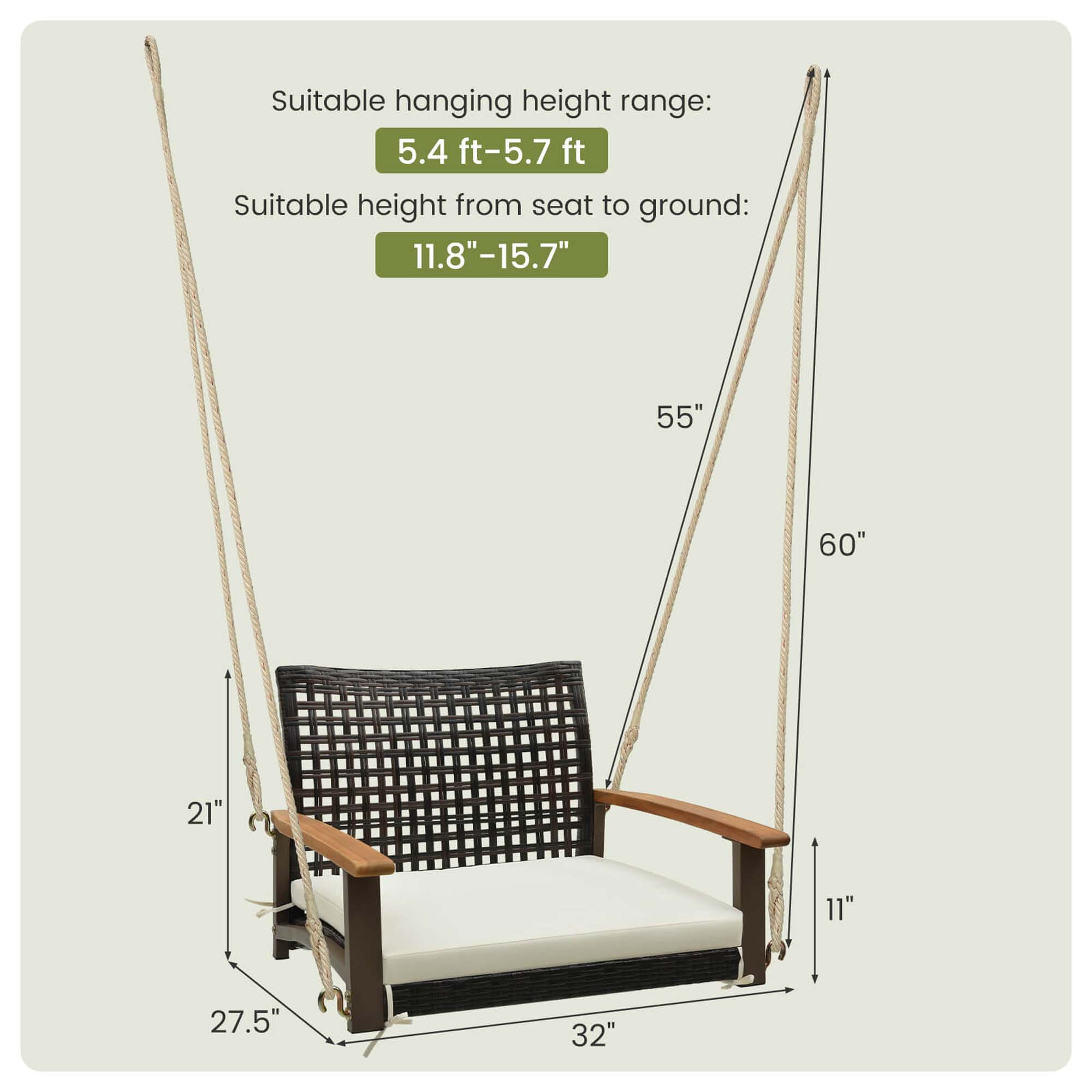 Costway Outdoor Single Swing Chair Bench 1-Person Rattan Porch Swing with Cushion