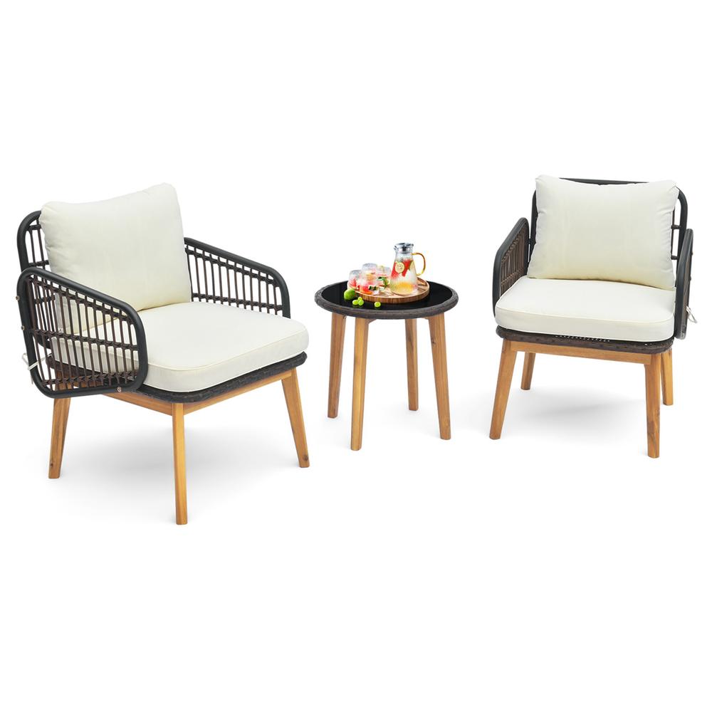Costway 3 PCS Patio Furniture Set with Cushioned Chairs and Tempered Glass Side Table