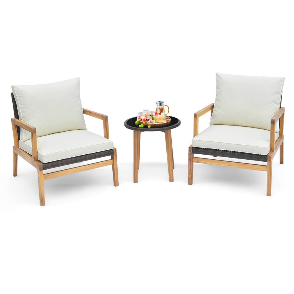 Costway 3 PCS Outdoor Furniture Set with Cushioned Chairs and Tempered Glass Side Table