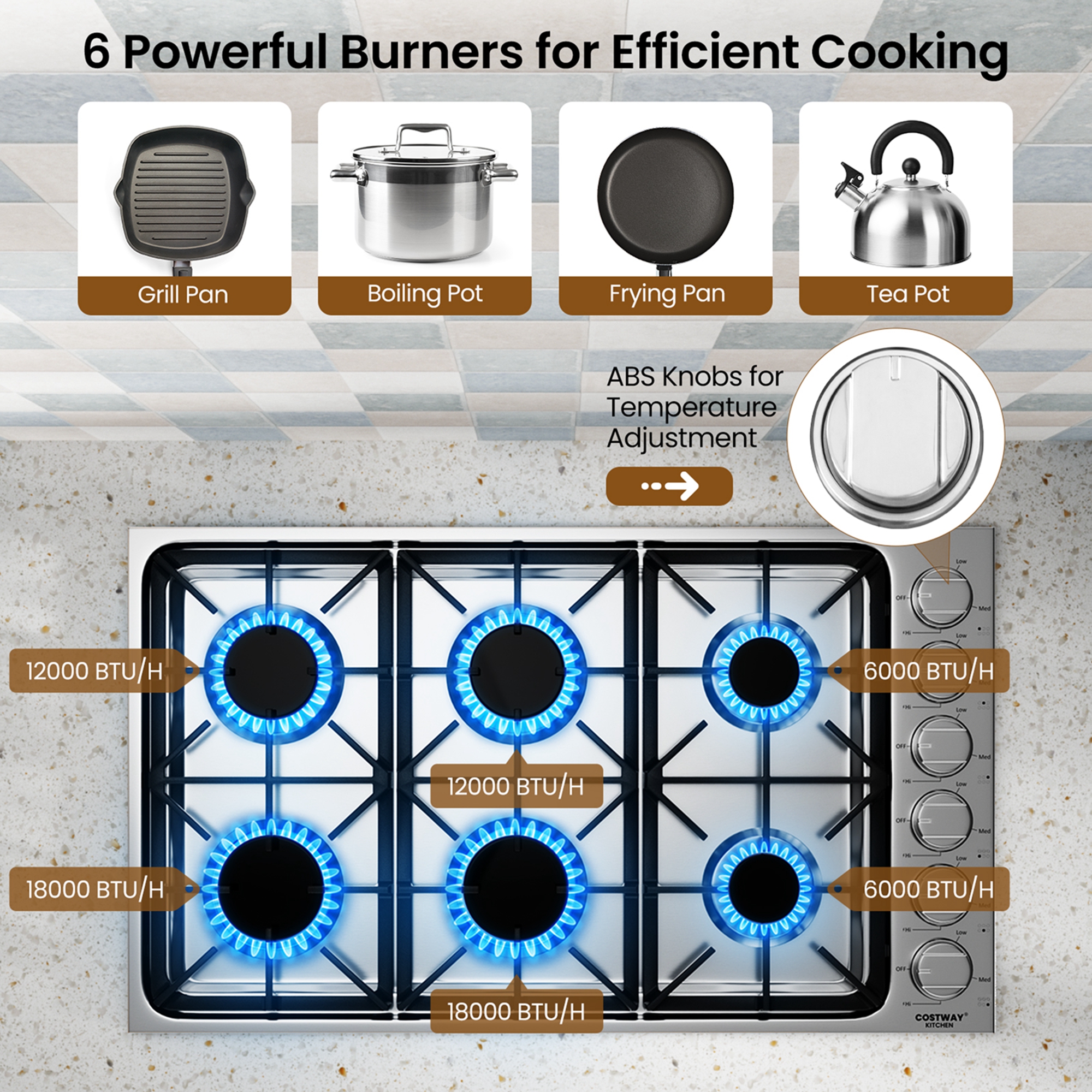 Costway 36 Inches Gas Cooktop Stainless Steel Built-in Stovetop with 6 Sealed Burners