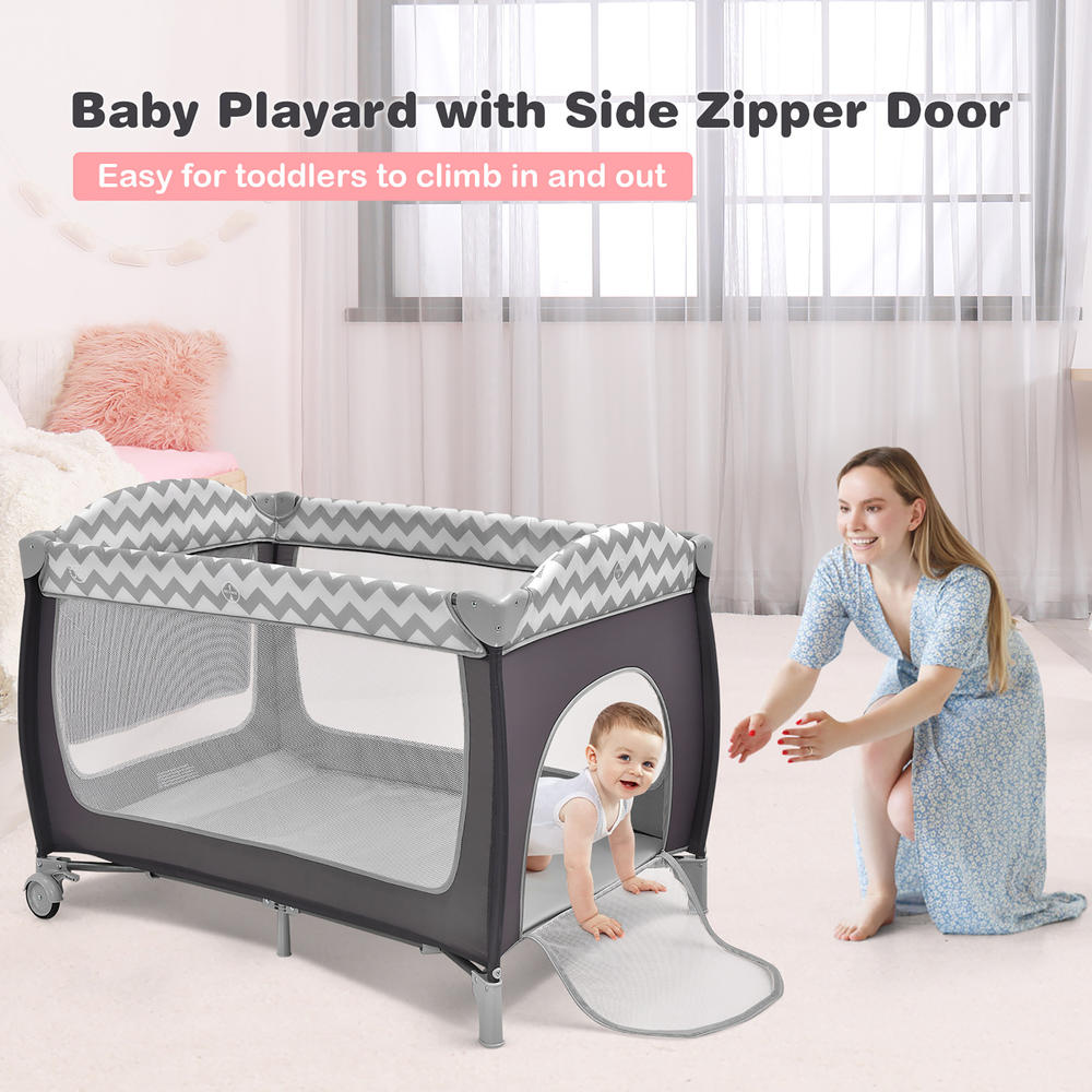 Costway Babyjoy 3 in 1 Baby Playard Portable Infant Nursery Center w/ Zippered Door Pink/Grey/Pink & White/Green