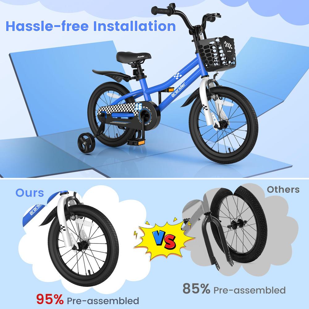 Costway Prorider 16'' Kid's Bike with Removable Training Wheels & Basket for 4-7 Years Old White/Blue/Red/Skyblue