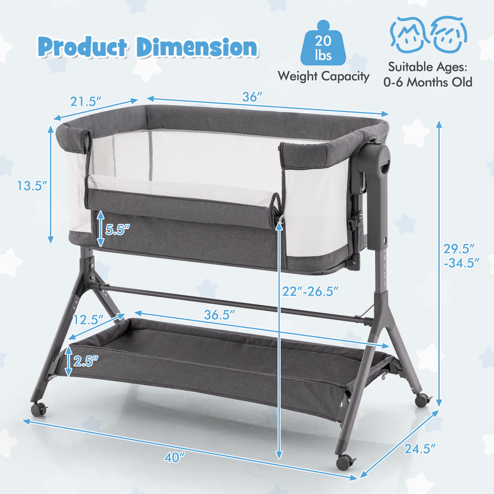 Costway Babyjoy Height Adjustable Bedside Sleeper Easy Folding Baby Crib with Storage Bag Gray/Pink