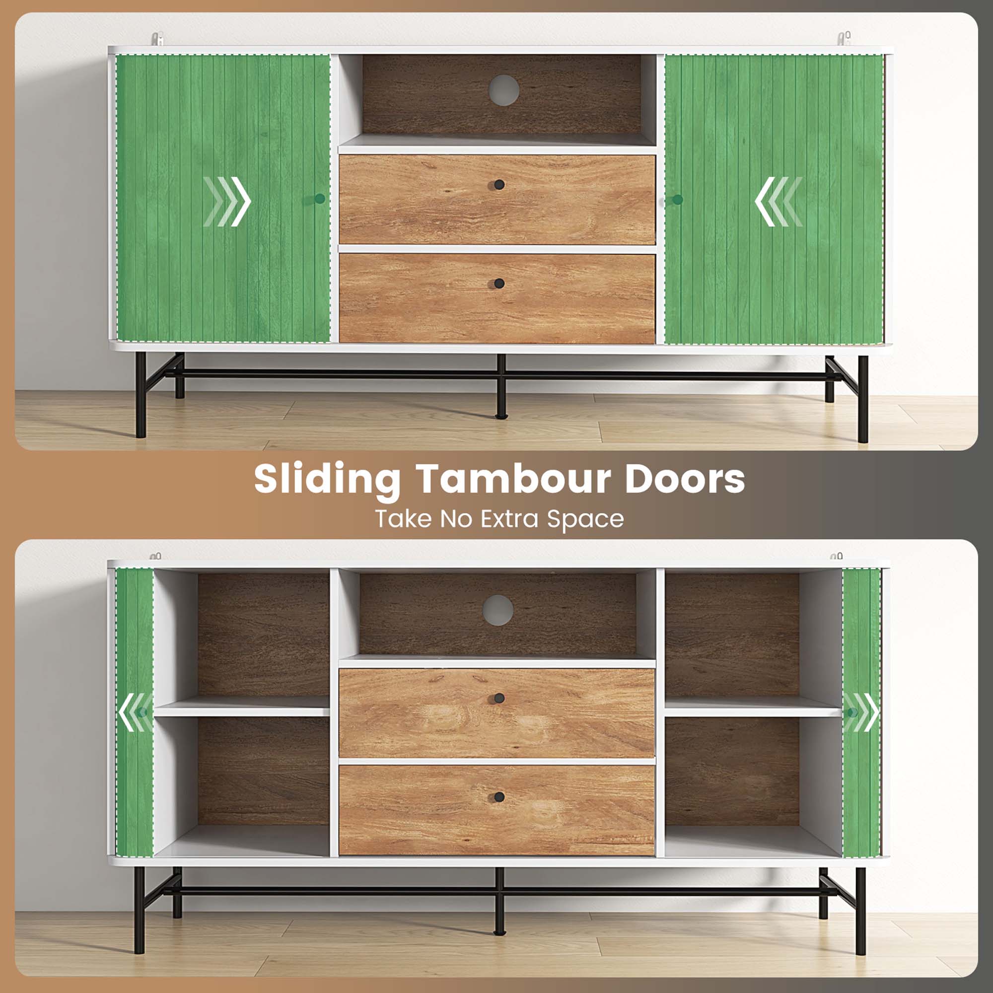Costway Buffet Sideboard Versatile TV Stand with Sliding Tambour Doors & 2 Storage Drawers