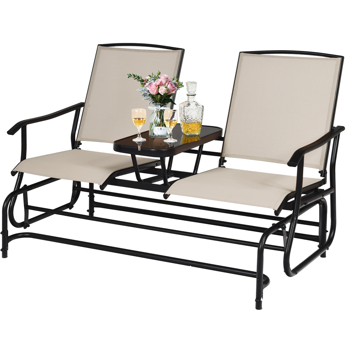 Costway 2 Person Patio Double Glider Steel Frame Loveseat Rocking with Center Table