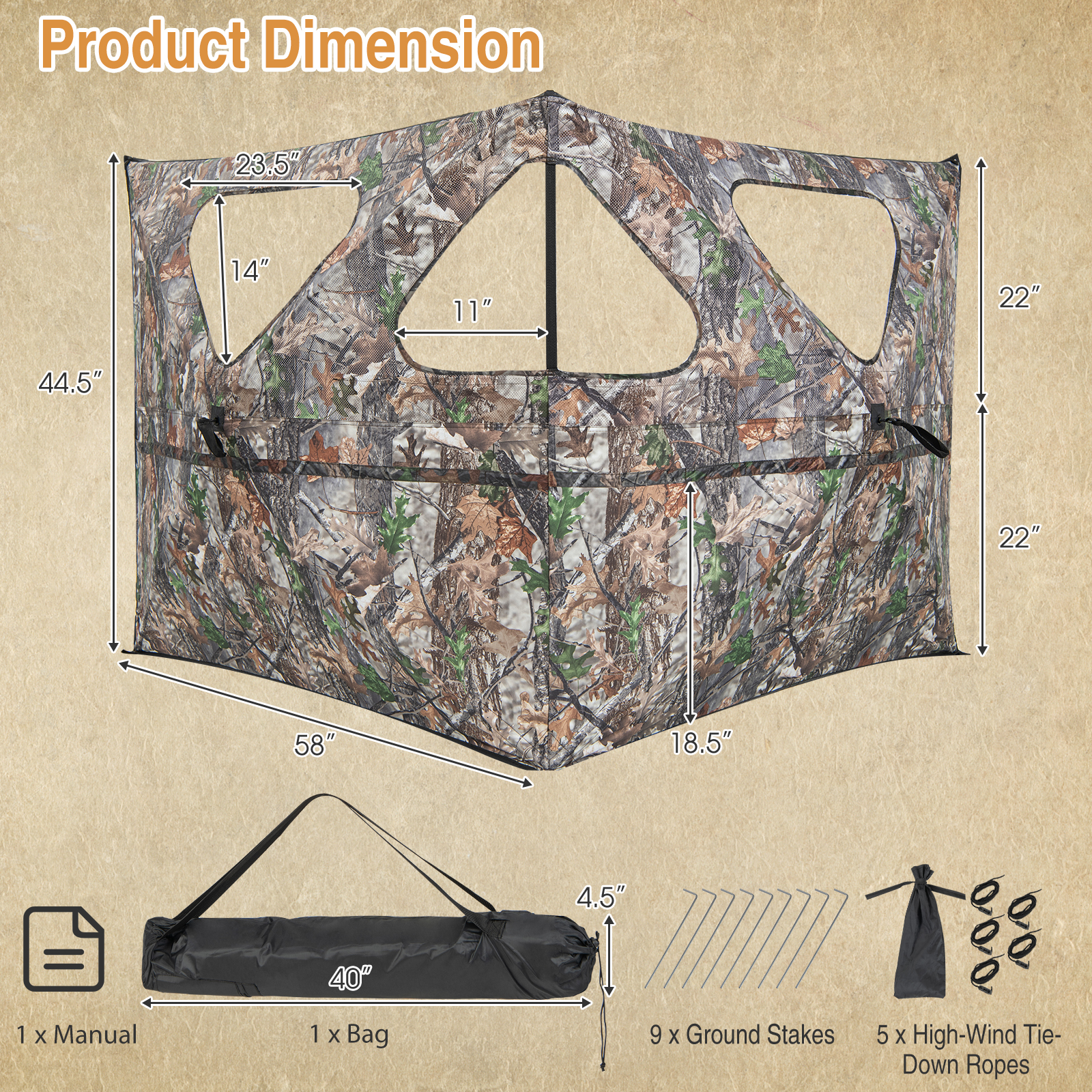 Costway Turkey Hunting Ground Blind 2-Panel Pop Up Fence with 3 Shoot Through Ports