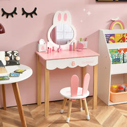 Costway Kids Vanity Set Rabbit Makeup Dressing Table Chair Set W/ Mirror Drawer Pink