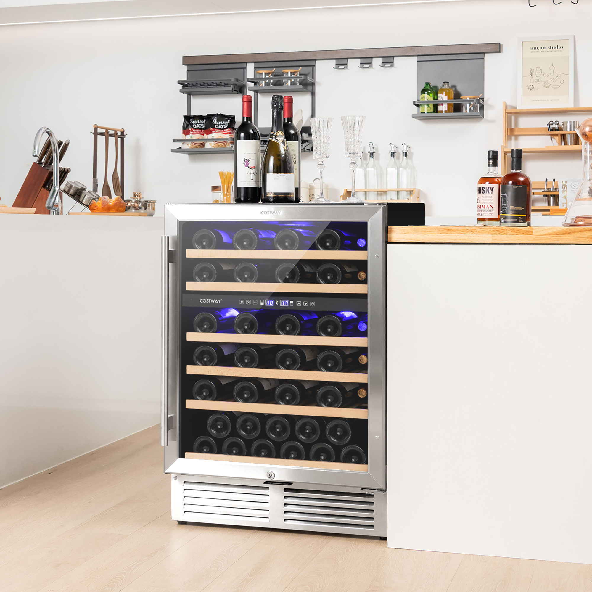 Costway 24 Inch Wine Cooler 51 Bottles Dual Zone Wine Refrigerator Built-In Freestanding