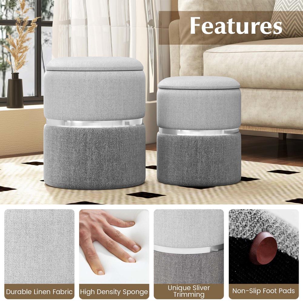 Costway Linen Fabric Storage Ottoman Set of 2 Modern Round Ottoman with Storage for Bedroom