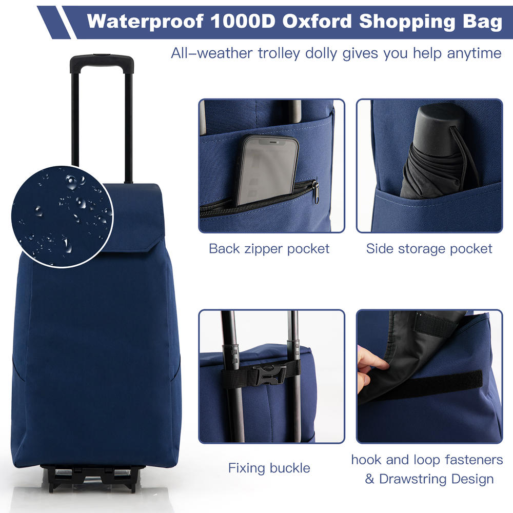 Costway Foldable Shopping Cart with Wheels and 38L Detachable Shopping Bag Dark Blue