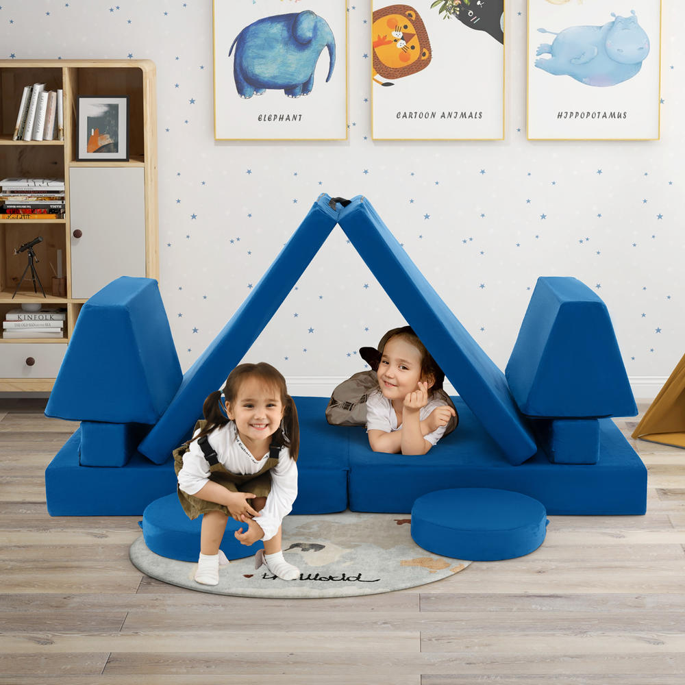 Costway 10 PCS Kids Play Sofa Set Modular Convertible Foam Folding Couch Toddler Playset Blue