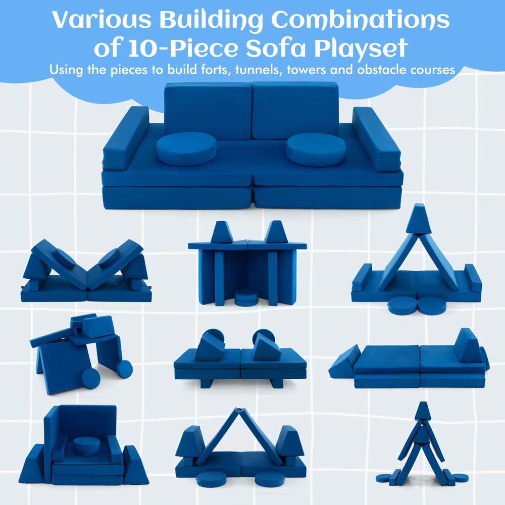 Costway 10 PCS Kids Play Sofa Set Modular Convertible Foam Folding Couch Toddler Playset Blue
