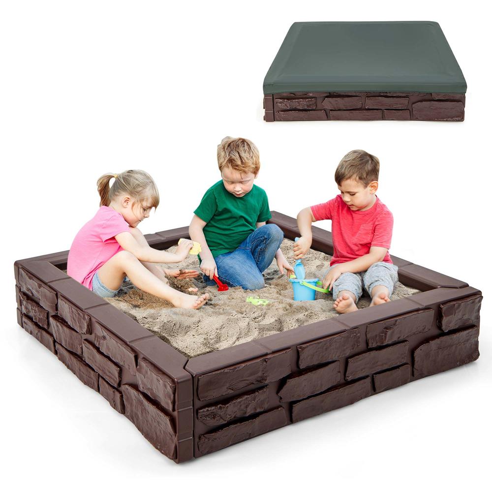Costway Kids Sandbox with Cover Bottom Liner Backyard Beach HDPE Sandpit for Outdoor Play Brown