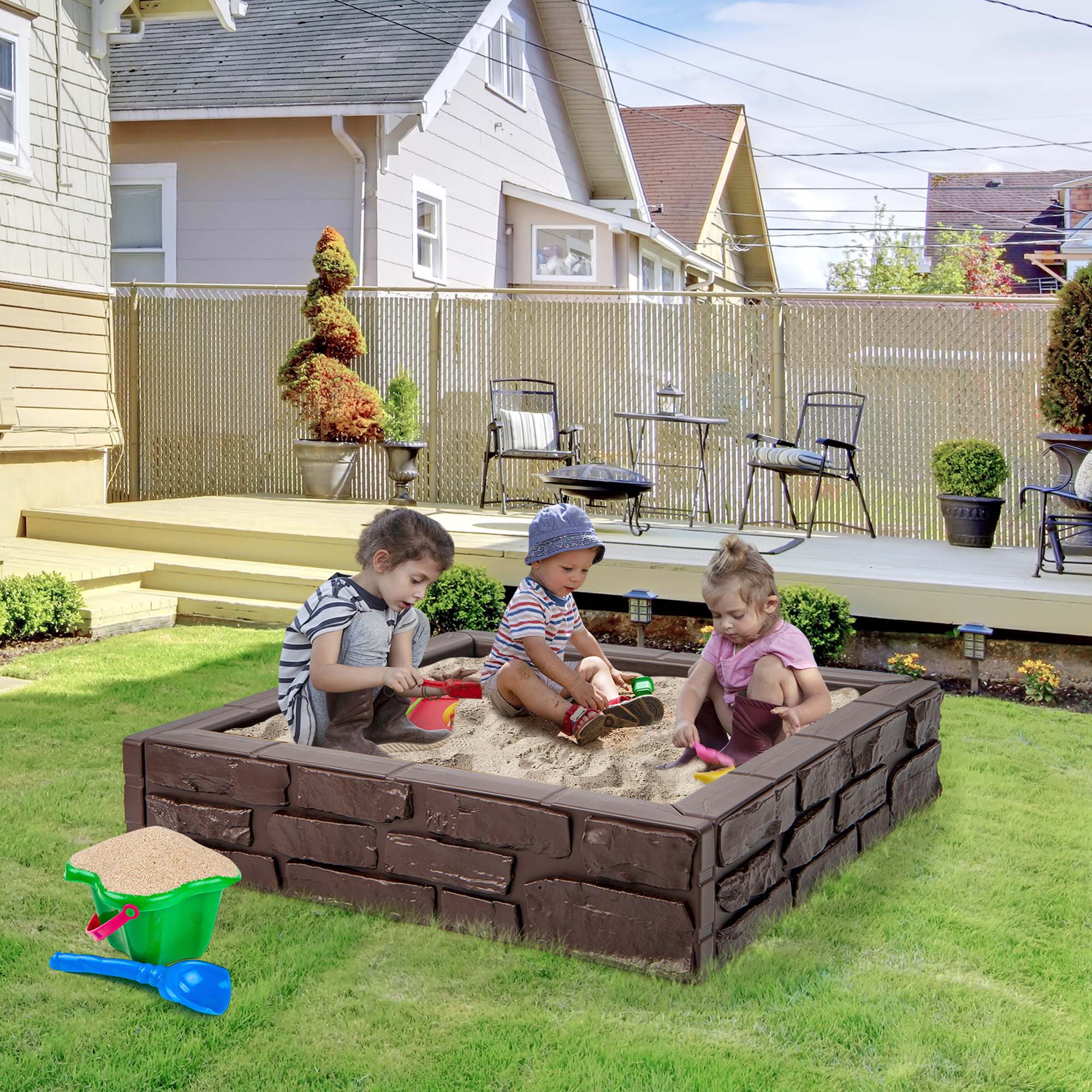 Costway Kids Sandbox with Cover Bottom Liner Backyard Beach HDPE Sandpit for Outdoor Play Brown