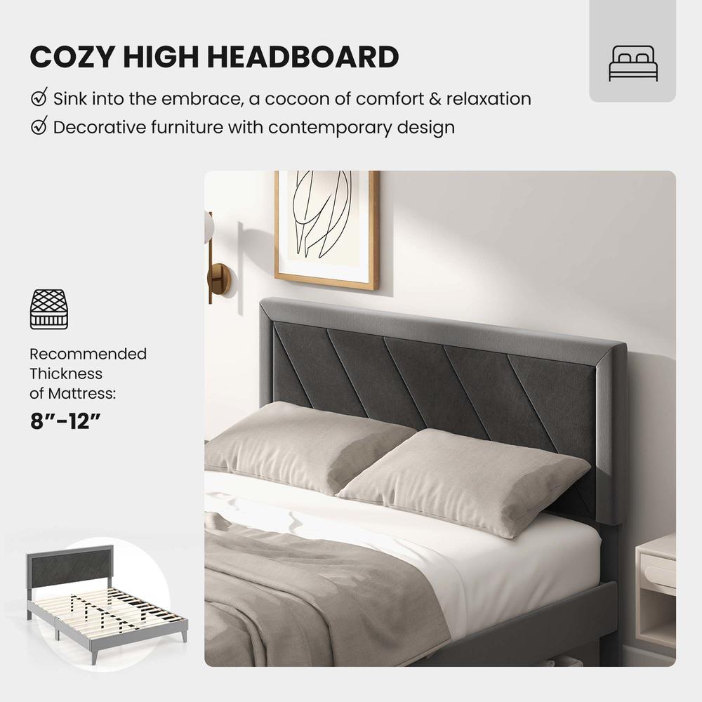 Costway Full/Queen/Twin Size Bed Frame Upholstered Platform Velvet Headboard Wooden Slats Gray