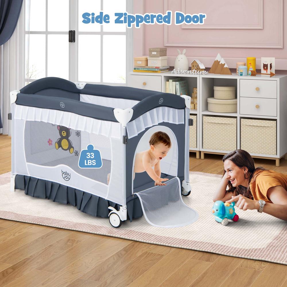 Costway Babyjoy Baby Playard Crib Bed 4 in 1 Portable with Changing Table Canopy Music Box Grey
