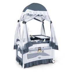 Costway Babyjoy Baby Playard Crib Bed 4 in 1 Portable with Changing Table Canopy Music Box Grey